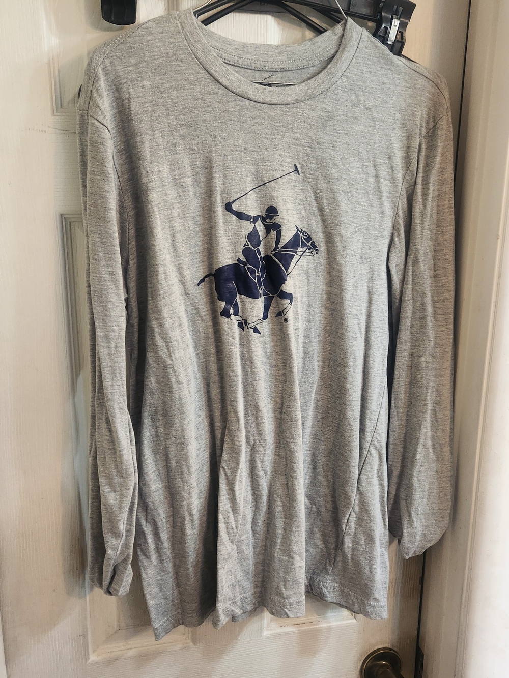 Beverly Hills Polo Club Gray Long-Sleeve Tee with Navy Polo Player Graphic